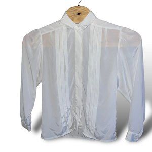 TJW by Mervyn’s 10 Woman’s VintageElegant Pleated‎ White Front Button Blouse
